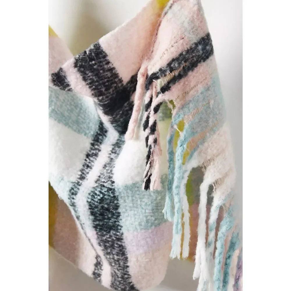 By Anthropologie Delaney Cozy Plaid Fringe Trim Blanket Scarf Pastel